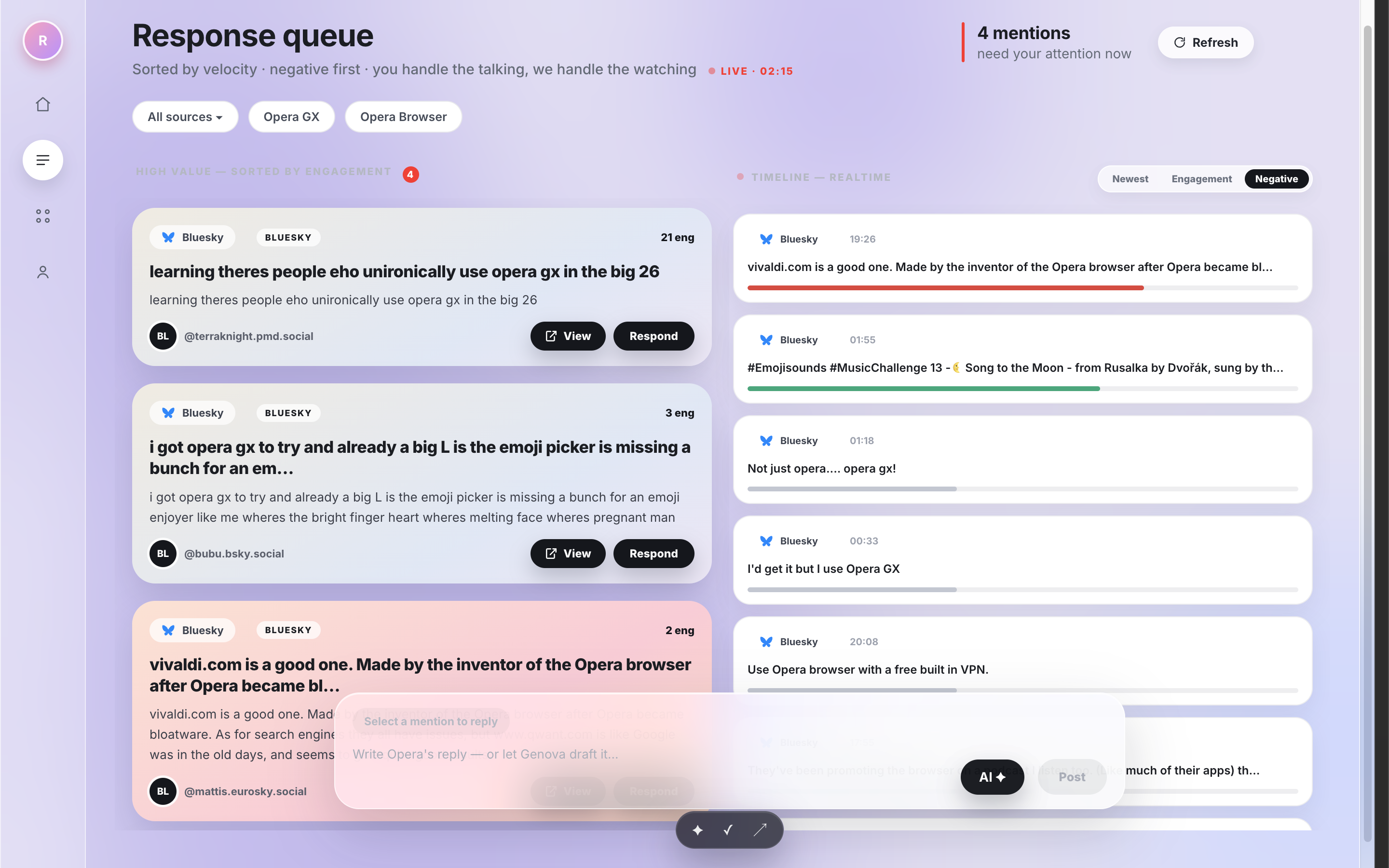 Response Central response queue on desktop: mentions sorted by velocity with View and Respond actions and a live feed