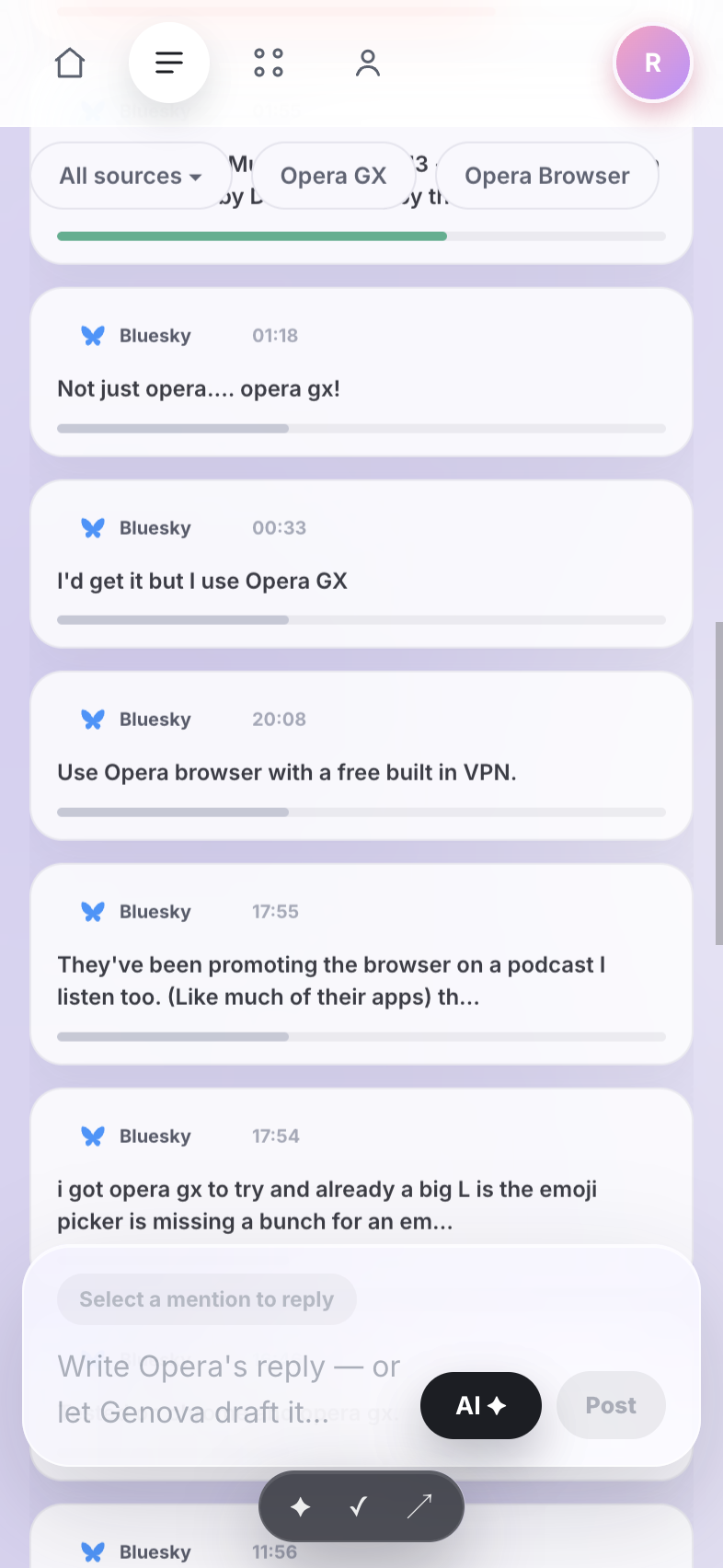Response Central on mobile: the live response queue with an AI-draft reply ready to send